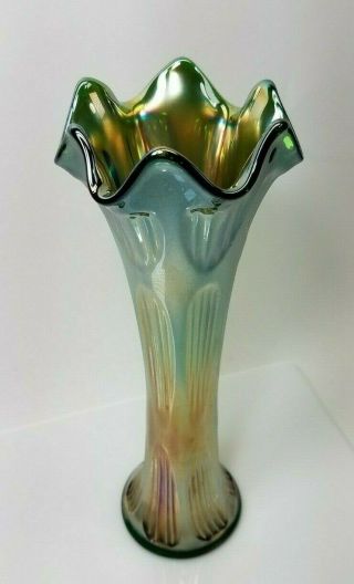 Fenton Carnival Glass Vase Diamond Rib Green Iridescence 11 "