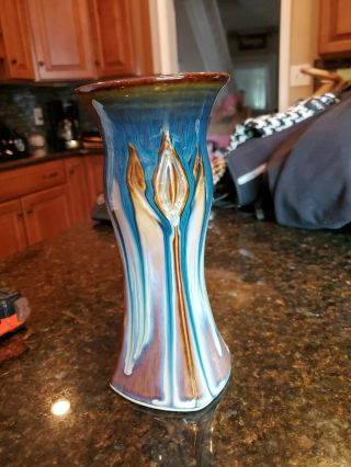 Bill Campbell Studio Pottery Arts & Crafts Flambe Drip Glaze Floral Pattern Vase