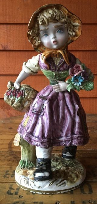 Rare Large Capodimonte Peasant Girl With Flower Basket
