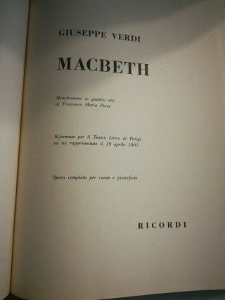 Giuseppe Verdi MacBeth Opera 1947 Printed in Italy Canto Ricordi HB Antique book 5