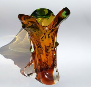 Mid Cent Sommerso Art Glass Vase Amber Brown Green Zemek Moser Karlovarske