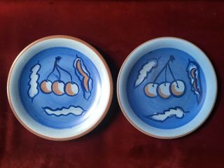 Stangl Pottery Two Art Deco Early Cherries Blue Plates Hand Painted 8” Diameter