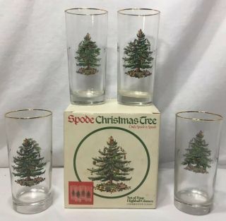 Set Of 4 Spode Gold Rimmed Christmas Tree Highball Glasses Royal China Vintage