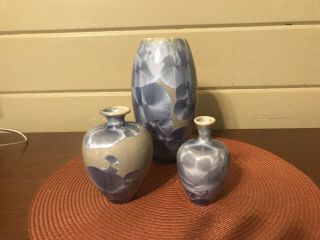 Studio Art Pottery Crystalline Glaze Blue Vase Louise Reding Style Set Of Three