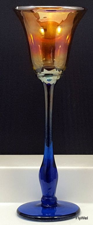 Rick Strini Art Glass Goblet Signed Gold Aurene Lustre Bowl Cobalt Blue Stem