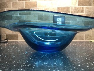 Blue Hand Blown Glass Art Center Piece Bowl Dish 16in Long 4in Tall