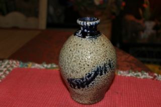Art Pottery Asian Chinese Japanese Vase - Blue Swirl Stoneware - Signed