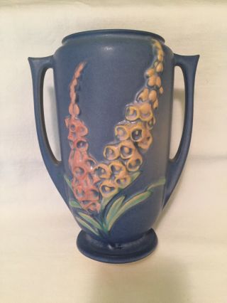 Flower Vase Vintage Roseville Pottery: Matte Blue Foxglove Pattern 7”