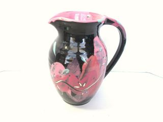 Large Vintage Signed Art Pottery Pitcher Black & Pink W/ Designs