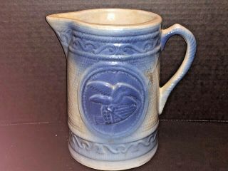 Vintage Antique Salt Glaze Blue Eagle Stoneware Pitcher Shield Arrows Primitive 2