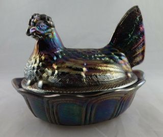 Fenton Art Glass Amethyst Carnival Covered Chicken / Hen On Nest 8