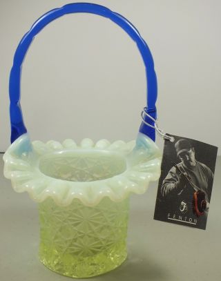 Fenton Daisy & Button Vaseline Glass Opalescent Basket W/ Cobalt Blue Handle