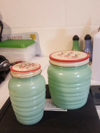 Fire King Jadeite 5 1/4 " Ribbed Grease Jar W/ Tulip Lid And A Pepper Shaker