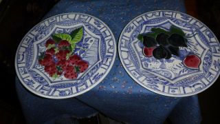 Gien France Oiseau Bleu Two 8 5/8 Inch Plates Fruit Design Strawberry Fig