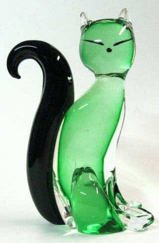 Stunning Signed Murano Solid Italian Art Glass Cat Figurine,  Green And Black