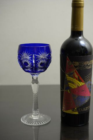 1 German Echt Bleikristall Bohemian Wine Glass Cobalt Blue Cut to Clear Crystal 2