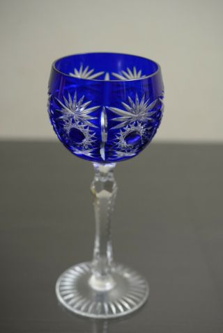 1 German Echt Bleikristall Bohemian Wine Glass Cobalt Blue Cut to Clear Crystal 3