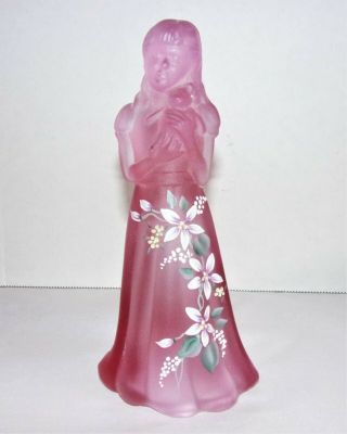 Fenton Glass Pink Hand Painted Girl With Teddy 6.  75 " Figure By Huffman