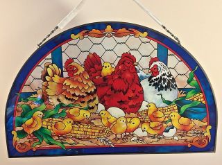 Country Chickens & Baby Chicks 1/2 Circle Stained Glass Sun Catcher 16.  5 " L