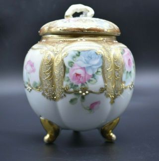 Nippon Hand Painted Pink Roses & Gold Footed Covered 8 1/2 " Cracker Jar