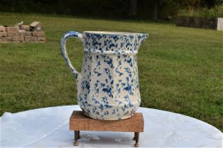 Antique Blue And White Spongeware Splatterware Stoneware Pitcher Old Vintage
