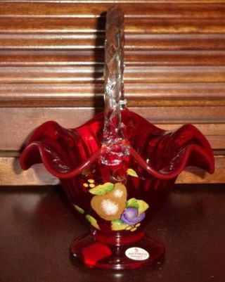 Fenton 100th Anniversary Red And Clear Glass Basket Hand Painted Signed Tags