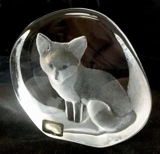 Etched Lead Crystal Glass Fox Sculpture By Swedish Artist,  Mats Jonasson,  Signed