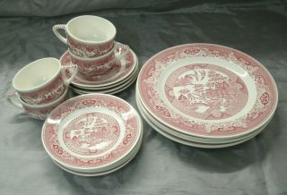 Royal Usa China Pink Willow Service For 4 Dinner Bread Plate Cup Saucer Box
