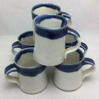 Set 6 Artisan Hand Thrown Pottery Coffee Tea Mugs Cups Signed Gray Blue 5