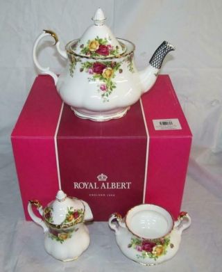 Royal Albert 3 Piece Tea Set Old Country Roses Teapot Creamer Sugar