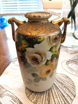 Antique 6  Nippon Hand Painted Twin Handle Vase
