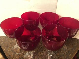 Set Of 6 Ruby Red Goblets Wine Glasses Clear Crystal Bubble Stem