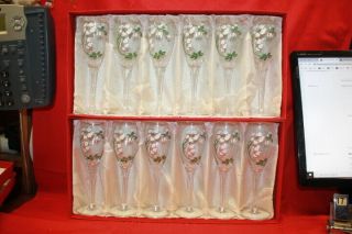 12 Perrier Jouet Belle Epoque Enameled Japanese Anemone 7 1/2 " Champagne Flutes