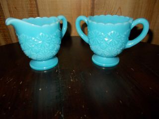 Vintage Blue Milk Glass Creamer & Sugar Bowl Set