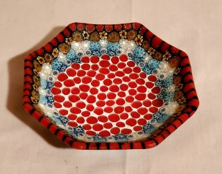 Murano Millefiori Art Glass Octagon Shaped Dish - Blue & Red
