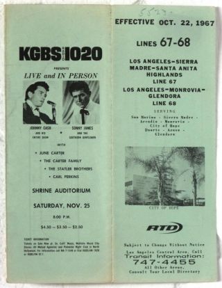 Johnny Cash Shrine Auditorium Concert Announcement 1967 La Transit Bus Schedule
