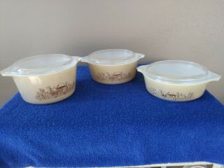 Vintage Pyrex Forest Fancies Set Of 3 Casserole Dishes With Lids