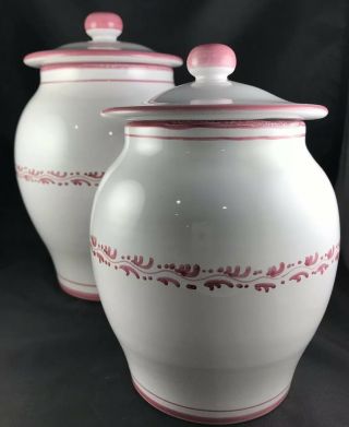 Italy Deruta Pottery Peccetti Lidded Ceramic Canisters Set Of 2 Rose White Pink