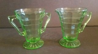 Uranium Green Vaseline Glass Sugar & Creamer Set Block Optic Vintage Glassware