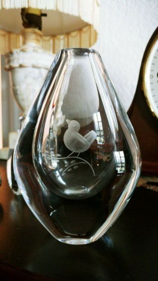 Orrefors Sweden Crystal Art Glass Etched Vase Signed