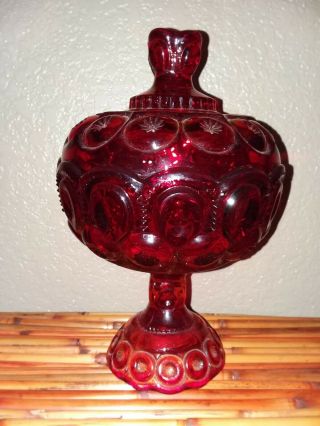 Lg.  L.  E.  Smith Red Amberina Pedestal Compote Moon And Stars Covered Candy Dish