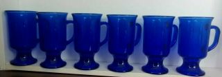Anchor Hocking Cobalt Blue Glass Mugs Set Of 6 Vtg 5 In Pedestal Coffee Cup Mugs