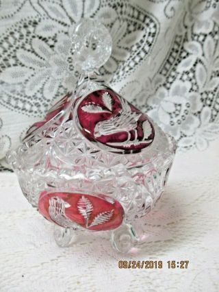 Stunning Hofbauer Red Byrdes Three Footed Crystal Candy Dish With Lid