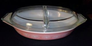 Vintage Pink Pyrex Daisy 1.  5 Quart Divided Casserole Bowl With Lid