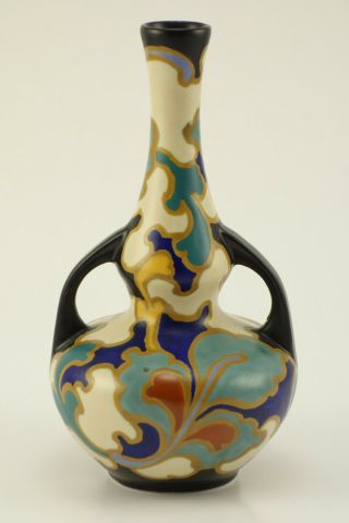 Antique Gouda Regina Gourd Form Bottle Art Pottery Vase Arts Crafts Art Nouveau
