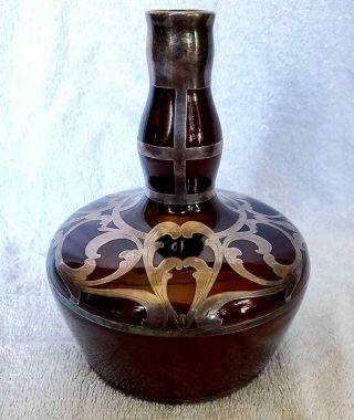 19th C Crown Staffordshire Silver Overlay Bottle Vase Art Nouveau Victorian