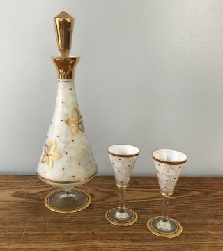 Vintage Venetian Murano Cased Glass Gold Gilt Decanter & 2 Cordial Glasses
