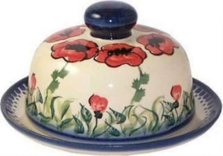 Boleslawiec Polish Pottery Unikat Covered Cheese Or Butter Dish " Poppy Field "