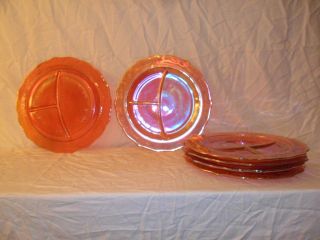 Six Piece Carnival Glass Dinner Divided Marigold Plates Vintage