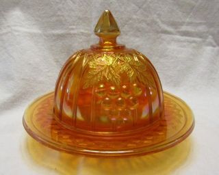 Carnival Glass Grape & Gothic Arches Covered Domed Butter Cheese Dish